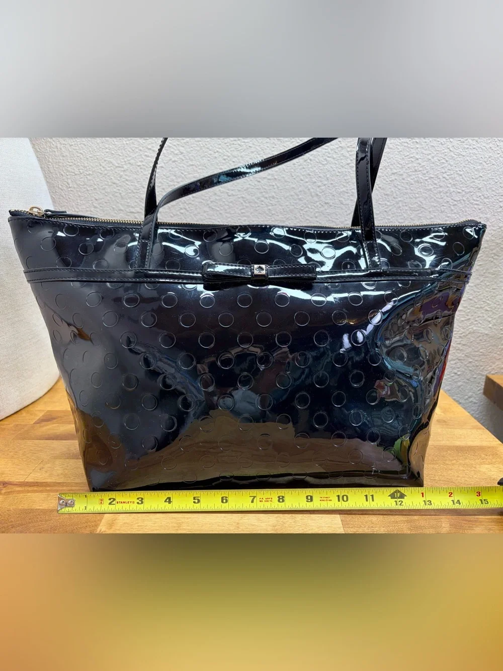 Kate Spade New York Black Patent Polka Dot Bow Tote Zip Shoulder Bag Large